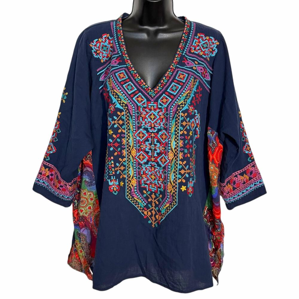 Calessa Embroidered Tunic Blouse Navy Neon Geometric Floral Boho Festival 2X